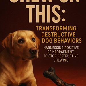 May include: Book cover with a golden retriever and a dark bone. The title "CHEW ON THIS:" is in large, bold letters. The book's subtitle is "Transforming Destructive Dog Behaviors". Author's name is Katie Summers.
