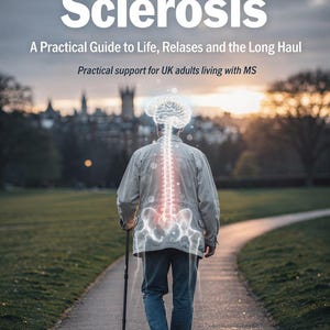 May include: Book cover titled "Multiple Sclerosis" with the subtitle "A Practical Guide to Life, Relases and the Long Haul." The image shows a person walking on a path, with an illustration of the spine and brain. The book is published by Calibre Books.