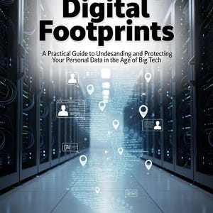 May include: Book cover for "Decoding Digital Footprints", subtitled "See how Big Tech follows every click". The image shows a server room with digital footprint graphics. It's a guide to understanding and protecting personal data in the age of Big Tech.