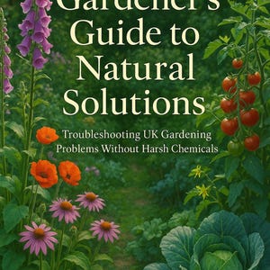 May include: A book cover titled "Gardener's Guide to Natural Solutions" set in a garden scene. The cover includes text, vibrant flowers, and vegetables like tomatoes and cabbage. The author's name is Helen Birch.