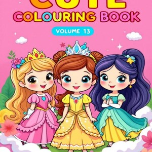 May include: A colorful cover of a "Cute Colouring Book, Volume 13" features three cartoon princesses in pink, yellow, and teal dresses. The princesses have long hair and wear crowns. The background is pink with white clouds and flowers.