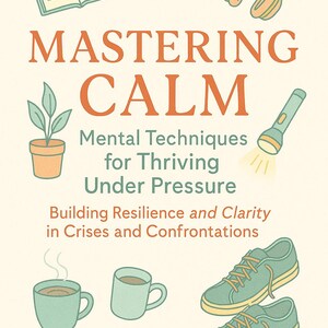 May include: Book cover titled "Mastering Calm" with illustrations of a book, puzzle piece, headphones, plant, flashlight, two mugs, and sneakers. The book's subtitle is "Mental Techniques for Thriving Under Pressure". Author: Daniel Reeves.