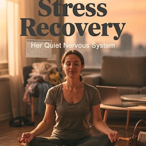 Puede incluir: Una mujer meditando en interiores, con el texto "Womens Stress Recovery" y "Her Quiet Nervous System" visibles. La portada del libro es visible, con el texto "Calibre Books". La mujer lleva una camiseta gris y pantalones oscuros.