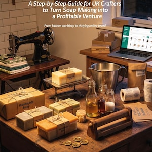 May include: A still-life image featuring handmade soaps, packaging, and soap-making supplies. The scene includes wrapped soap bars, bottles, and a laptop displaying an online store. The text "Soap to Success" is visible.