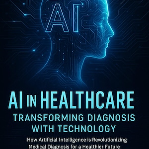 May include: Book cover with a blue design featuring the letters "AI" inside a human head silhouette, with circuit board patterns. The title "AI in Healthcare" is displayed, along with the author's name and publisher.