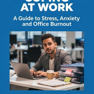以下が含まれることがあります： 「Barely Coping at Work」というタイトルと「A Guide to Stress, Anxiety and Office Burnout」というサブタイトルが付いた本の表紙。画像には、ラップトップで作業している人が写っています。下部のテキストには「Still showing up. Still meeting deadlines. Secretly close to burning out.」と書かれています。