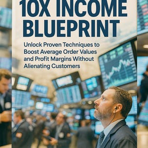 Könnte beinhalten: Buchcover "10X INCOME BLUEPRINT" von Marcus Webb. Der Titel steht in großen blauen Buchstaben, mit dem Untertitel "Unlock Proven Techniques to Boost Average Order Values and Profit Margins Without Alienating Customers." Ein Mann blickt nach oben.