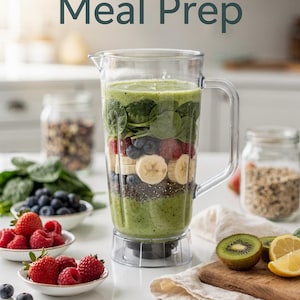 Puede incluir: Una licuadora transparente llena de capas de ingredientes para un batido, incluyendo espinacas, bayas y plátanos. El texto "Weekend Meal Prep" está en la parte superior. Otros ingredientes están en cuencos y frascos. Autora: Beth Calloway.