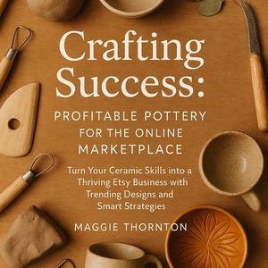 May include: A book titled Crafting Success: Profitable Pottery for the Online Marketplace by Maggie Thornton, surrounded by pottery tools, a ball of clay, and ceramic bowls on a brown surface. The cover features white text on a brown background.