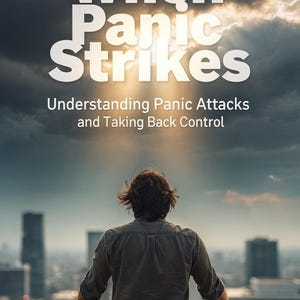 May include: Book cover titled "When Panic Strikes" with the subtitle "Understanding Panic Attacks and Taking Back Control." The image shows a person looking out over a city skyline with a dramatic sky. The publisher is Calibre Books.
