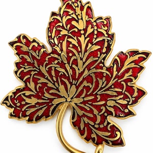 1985 MMA Red Enamel Maple Leaf Brooch, Gold Tone Autumn Pin