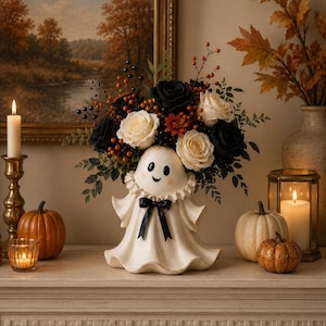 Cute Ghost Flower Basket with Bow, Ceramic Light Up Figurine, Halloween Mantel Decor, Spooky Fall Centerpiece, Rattan Holder Gift