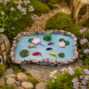 Könnte beinhalten: Miniatur-Teichszene mit blauem Wasseroberfläche, steinartigem Rand und verschiedenen kleinen Figuren. Enthält einen grünen Frosch, rosa Lotusblumen, Seerosenblätter und bunte Fische. Die Szene spielt in einem Garten mit Blumen und Moos.
