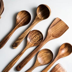 Handmade Wooden Spoon Set – 5 Piece Cooking Utensils, Natural Wood Serving Spoons