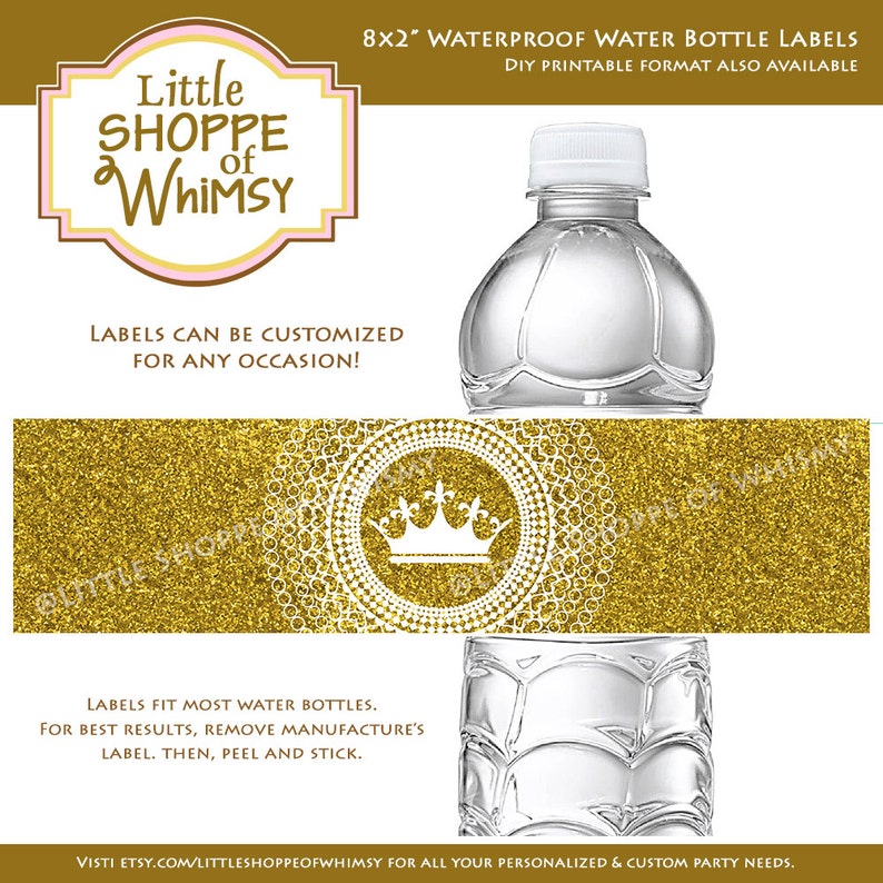 Waterproof Water Bottle Labels Princess Castle Crown Pink Glitter Gold