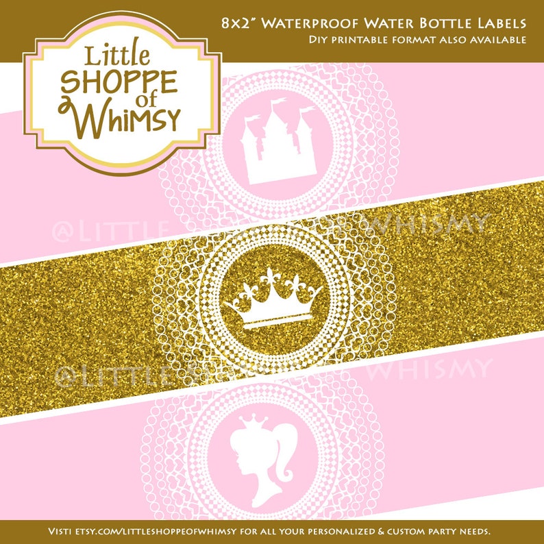 Waterproof Water Bottle Labels Princess Castle Crown Pink Glitter Gold