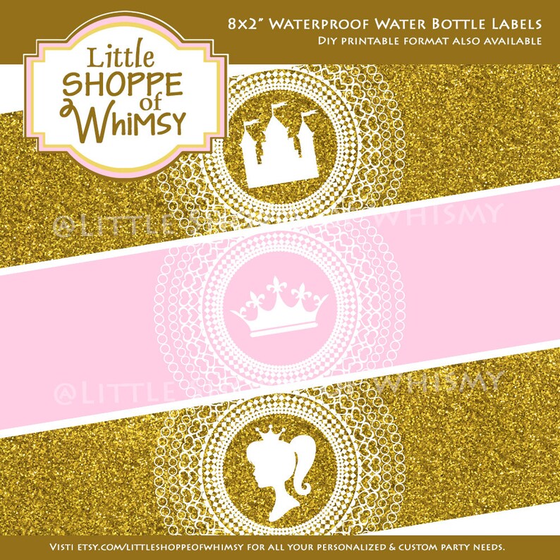 Waterproof Water Bottle Labels Princess Castle Crown Pink Glitter Gold