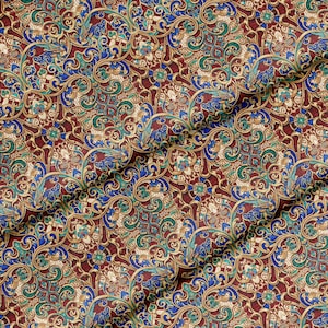 Tela con estampado floral persa en dorado y azul, 147 cm de ancho, poliéster, se vende por metro.