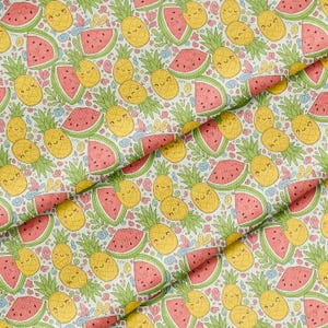 Stof, lachend ananas- en watermeloenpatroon, 147 cm breed, polyester, verkocht per meter