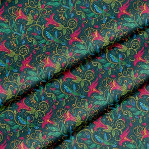 May include: Dark teal fabric featuring a repeating pattern of hummingbirds, flowers, and vines. The hummingbirds are blue, green, and red, while the flowers are pink and yellow. The vines are gold and green.