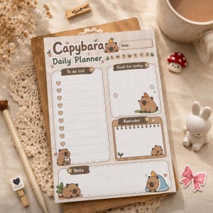 May include: A daily planner notepad featuring a light brown plaid background with cartoon capybara illustrations. The layout includes sections for a to-do list with heart checkboxes, a goal for today, a reminder box, and a note section with dates.