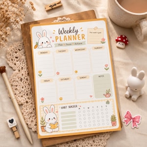 May include: A weekly planner sheet featuring a white rabbit illustration, the text Weekly Planner, Plan, Focus, Achieve, This week's goal, days of the week, a notes section, and a habit tracker with circles for daily tasks, decorated with small flowers.