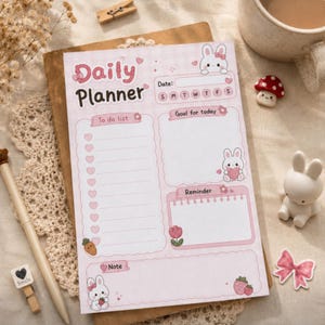 Può includere: Un blocco note per la pianificazione giornaliera rosa chiaro con sfondo a quadretti, illustrazioni di coniglietti e sezioni etichettate come Daily Planner, To do list, Goal for today, Reminder e Note. Include caselle di controllo a cuore.