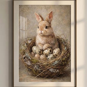 Diseño vintage de conejito de Pascua para imprimir, lámina decorativa de primavera estilo cottagecore (descarga digital) png