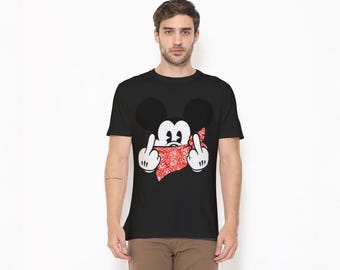 Mickey Mouse T-Shirt, Red Bandana Double Middle Fingers, Western Cartoon Tee, Unisex Cotton