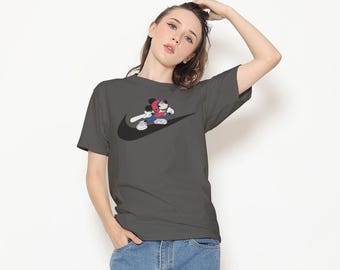Mickey Mouse Baseball T-Shirt, Running Over Nike Swoosh, Western Cartoon Tee, Unisex Cotton
