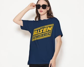 He Is Risen Hallelujah T-Shirt, Bold Yellow Badge Typography Tee, Unisex Cotton