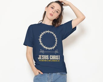 Jesus Christ T-Shirt, Crown of Thorns and Olive Branches, Minimalist Religious Tee, Unisex Cotton