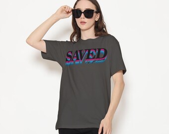 Saved By Grace T-Shirt, Bold 3D Neon Typography, Retro Graphic Tee, Unisex Cotton