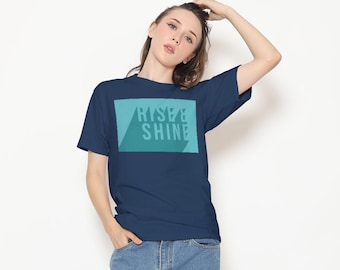 Rise & Shine Text T-Shirt, Cyan Teal Geometric Shadow, Bold Graphic Tee, Unisex Cotton