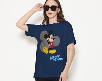 Mickey Mouse T-Shirt, Blue Stylized Text, Western Cartoon Tee, Unisex Cotton