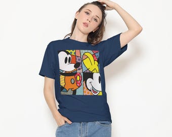 Mickey Mouse T-Shirt, Colorful Pop Art Geometric Grid, Comic Graphic Tee, Unisex Cotton