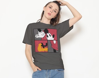 Mickey Mouse T-Shirt, Segment Collage Red Shorts Yellow Shoes, Western Cartoon Tee, Unisex Cotton
