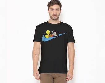 Mickey Mouse T-Shirt, Lounging on Blue Nike Swoosh, Western Cartoon Tee, Unisex Cotton