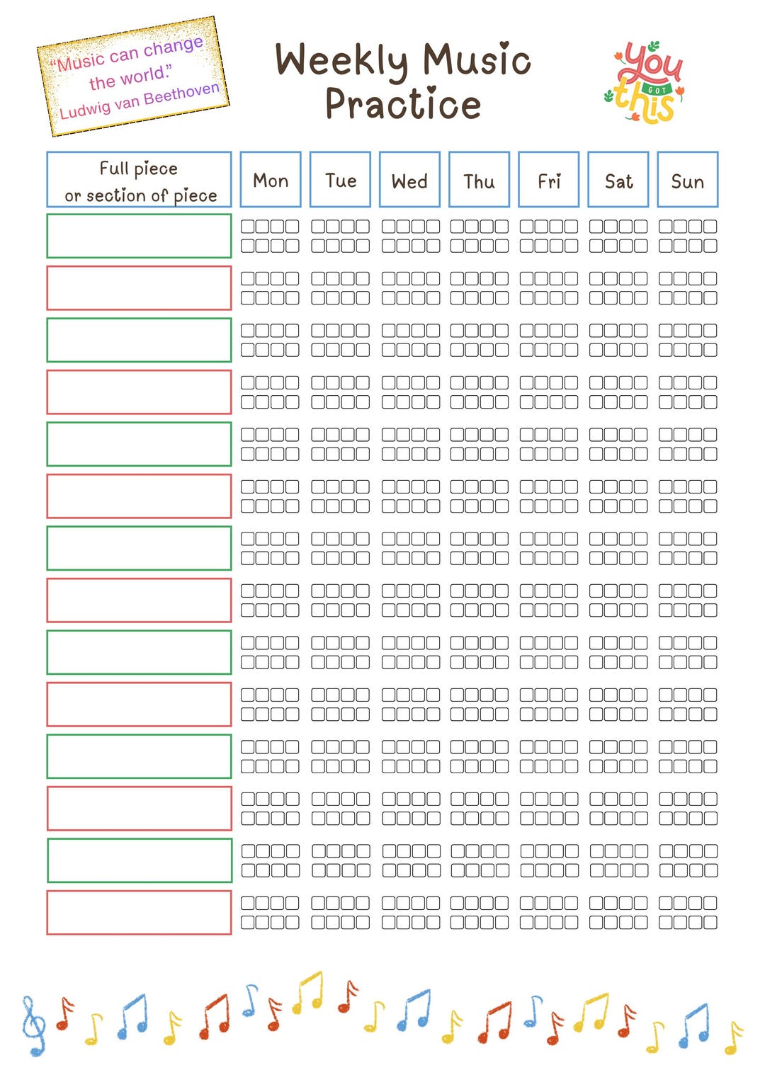 Weekly Music Practice Log – Printable Practice Tracker for Students ...