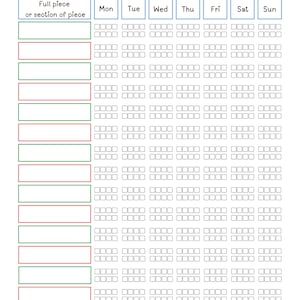 May include: A white weekly music practice chart with a quote by Ludwig van Beethoven. The chart includes spaces to track practice sessions, with days of the week across the top and space for the piece name on the left.