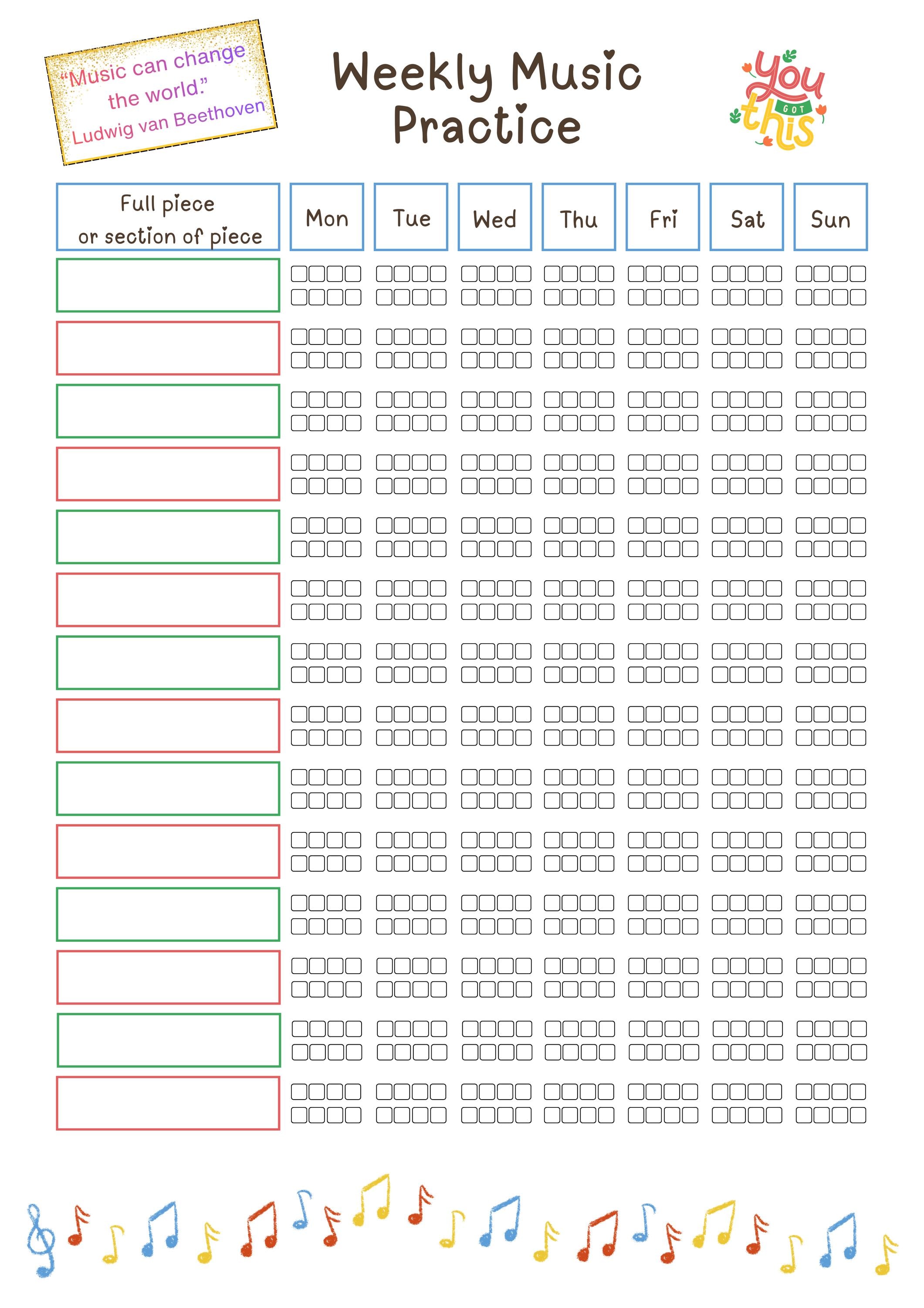 Weekly Music Practice Log – Printable Practice Tracker for Students ...