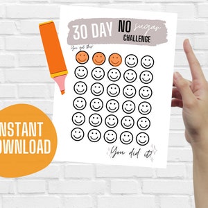 May include: Printable 30 Day No Sugar Challenge tracker with a grey background and a grid of 30 smiley faces. The text "You got this!" and "You did it!" are at the top and bottom of the grid.