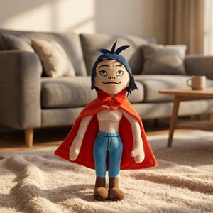 May include: A plush doll featuring a character with dark blue hair, a bright orange cape, light blue pants, and brown boots. The doll has a tan complexion, a neutral facial expression, and is standing upright with arms extended to the sides.