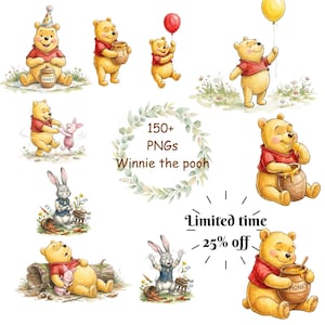 May include: A collection of watercolour illustrations featuring Winnie the Pooh and friends. The images show Pooh with honey, balloons, and other characters. Text includes "150+ PNGs Winnie the Pooh" and "Limited time - 25% off."