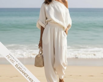 Linne 2-delat set, topp med bara axlar och linnebyxor