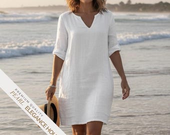 Abito in cotone e lino con scollo a V e maniche a 3/4.