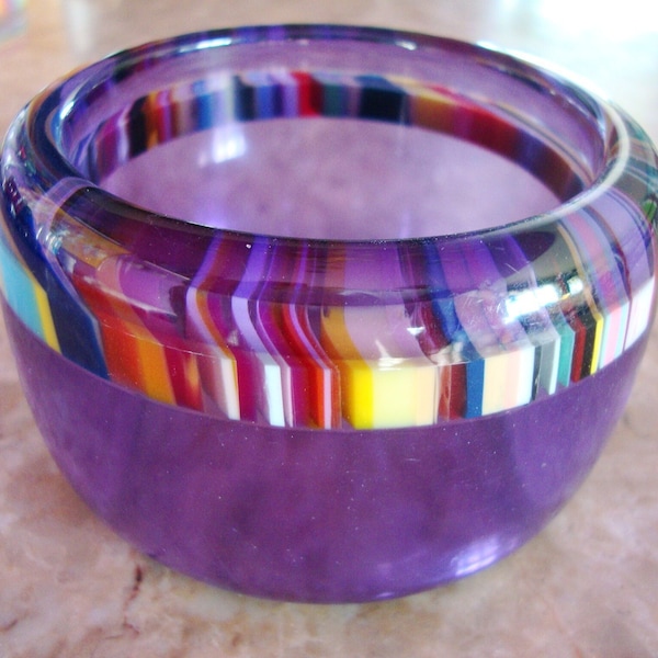 Rare R SOBRAL LIQUORICE BARCODE Multi-Color In Clear Blue Violet Purple Transparent Resin Huge Domed 2" Bangle Bracelet