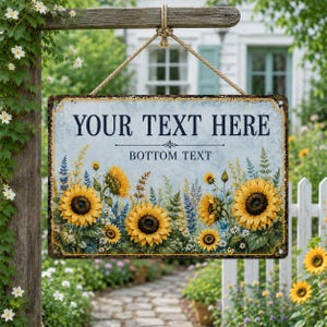 Pode incluir: Uma placa retangular de metal pendurada por uma corda, com um fundo azul claro e um campo de girassóis amarelos, tremoços azuis e flores silvestres brancas. A placa exibe o texto YOUR TEXT HERE e BOTTOM TEXT em azul escuro.