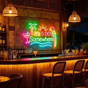 Neonskylt "Det är klockan 5 någonstans", LED-ljus för tropisk strandbar, dekoration för tikibar, neonskylt för sommarfest, utomhusskylt vid poolen, väggkonst för kusten