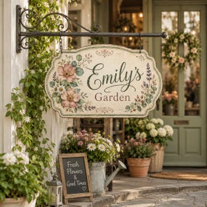 Puede incluir: Un letrero colgante rectangular con bordes festoneados que presenta el texto Emily's Garden en letra cursiva de color verde oscuro y marrón, decorado con ilustraciones de flores rosas, hojas verdes y ramas de lavanda sobre un fondo crema.
